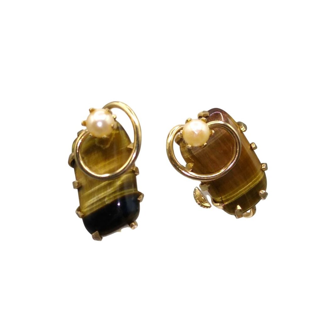 Vintage Tigers Eye Earrings, Oblong Natural Stone in Gold Tone Swirl with Pearl